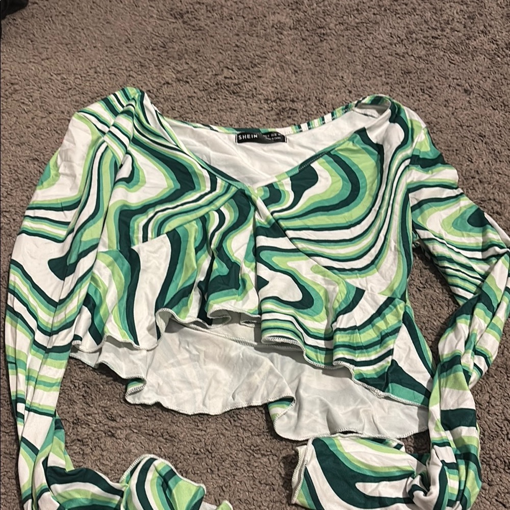 SHEIN Green Asymmetrical Ruffled Crop Blouse